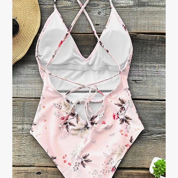 CUPSHE Tie Back High Waisted Shallow Waters Floral Print One-Piece Swimsuit - Picture 4 of 12
